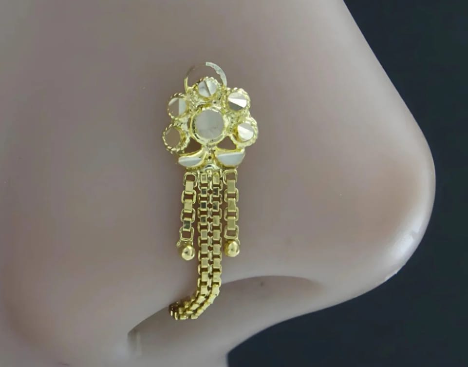 18k Real Gold Cultural Design Chain Style Woman Nose Pin Push Pin