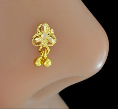 18k Real Gold Handmade Dangle Nosepin  nose ring push pin