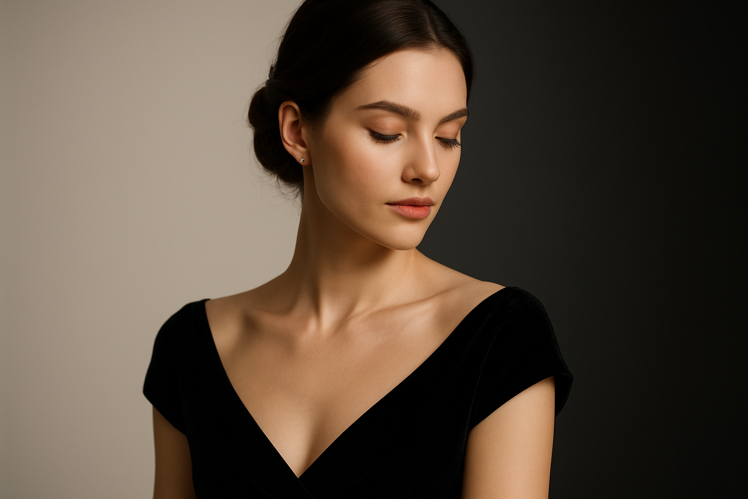 create a girl who wears simple go;d nose pin and a  black luxury dress  wored and looks luxuries and background is whitish and blackish 